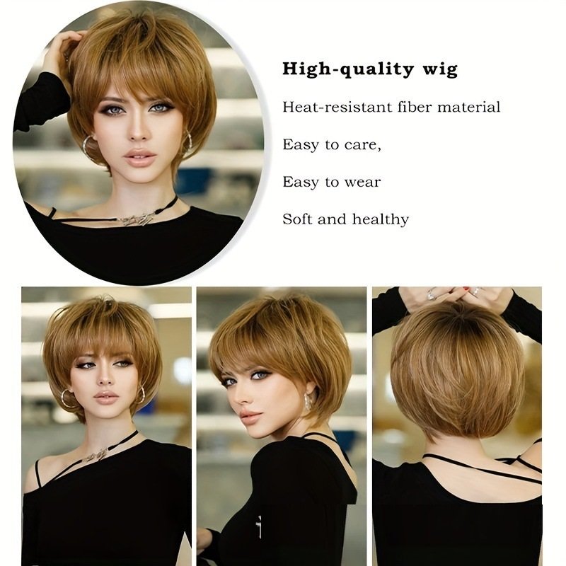 12 Inch Women's Short Brown Bangs Short Bob Wig - Image 3