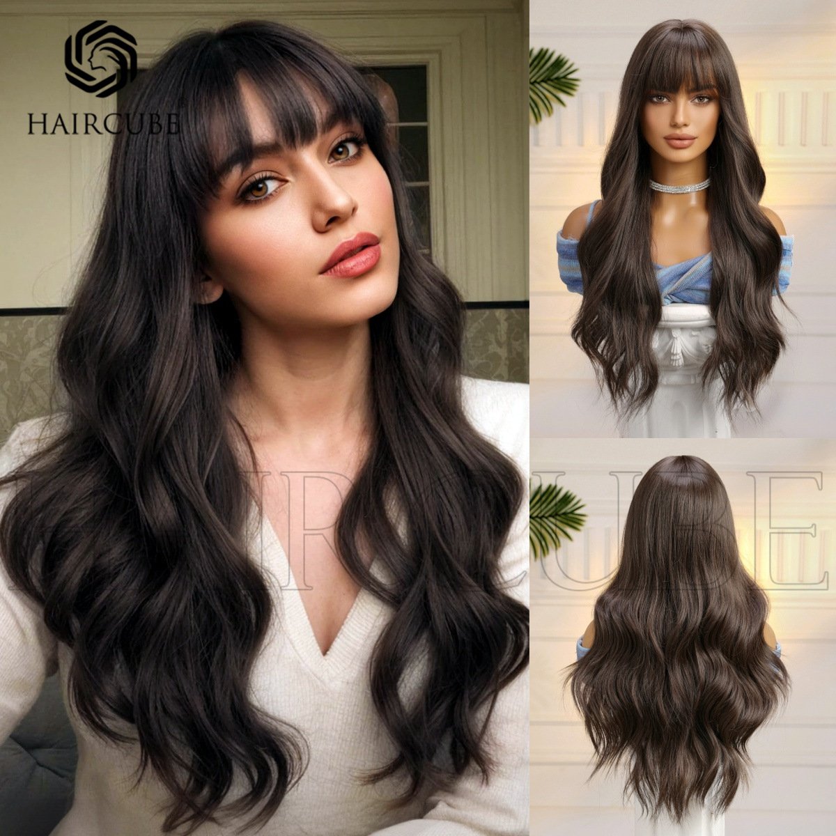 Long Curly Wig Head Cover Natural Black Bangs Big Wave Wig - Image 6