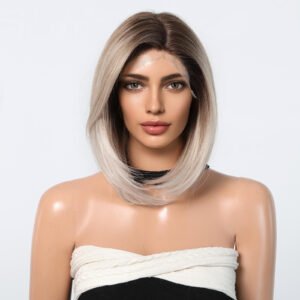 Large Area Front Lace Medium Short Straight Hair Bob Haircut Natural Realistic Wig