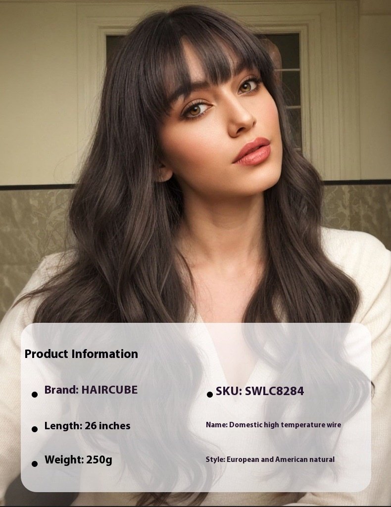 Long Curly Wig Head Cover Natural Black Bangs Big Wave Wig - Image 3