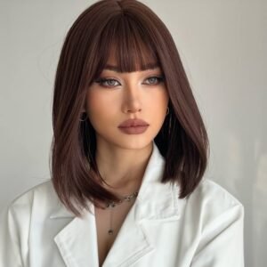 12 Inch Natural Black Short Bob Wigs With Bangs Light Yaki Straight Hair Blunt Cut Glueless Wigs Realistic Look Daily Costume Wig For Women Synthetic Hair Heat Resistant Hair Wigs